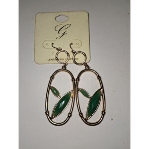 Artsy G Open Wire Dangle/Drop Earrings Green Cabochon Nature Gold Tone